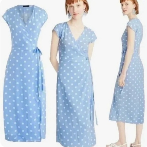 J.crew Dress Size S midi wrap Blue White Polka Dot Print Cap Sleeve - Picture 6 of 6